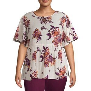 Terra & Sky Ivory Purple Floral Babydoll Gauze Flutter Sleeve Top Size 14W